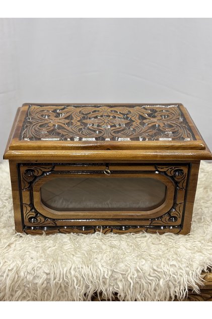 Maraş El Oyma Ceviz Camekan Kutu – 46x27x27 cm Tülbent - Yazma Sandığı Eskitme