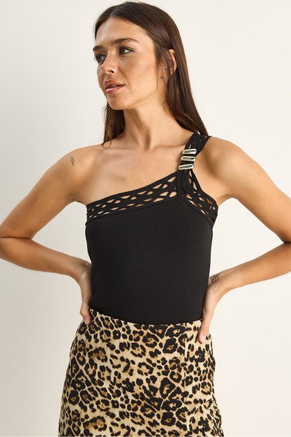 Women's Black One-Shoulder Knitted Detailed Stretchy Knitwear Blouse 2695 60286176