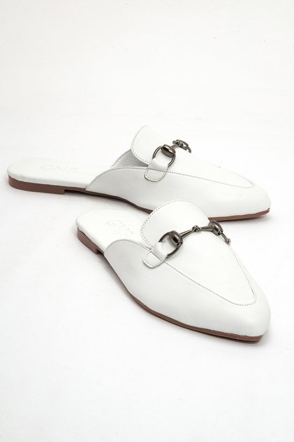 Valeria Genuine Leather Buckle White Leather Women's Slippers