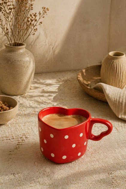 Kalp Şekilli Puantiyeli Seramik Kupa – Şık Tasarım Kahve & Çay Bardağı