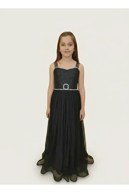 Ahsenimbebe Silvery Belted Travel-Length Evening Dress- Trendyol