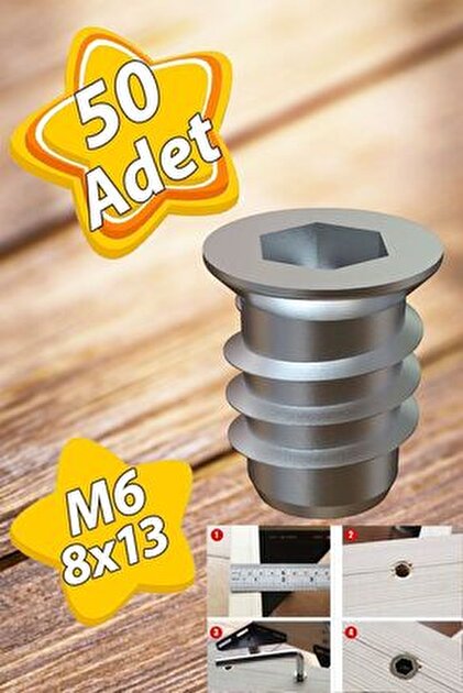 GLASWEN Metal Düz Dişli Dübel Ahşap Dübeli M6 8x13 Diş Çinko
