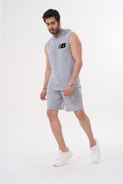 Men's Gray Black Sleeveless Hooded Zippered Sweatshirt Sports Vest 1