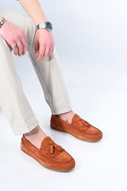 Laceless Tasseled Rubber Sole Genuine Leather Loafer 174-302 Men's Shoes