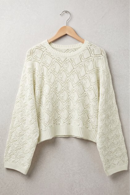 Bat Sleeve Openwork Knitwear Sweater - Cream