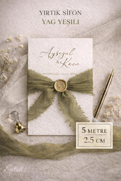 Premium Yırtık Şifon Kurdele 2.5 Cm 5 Metre Davetiye, Nişan. Düğün