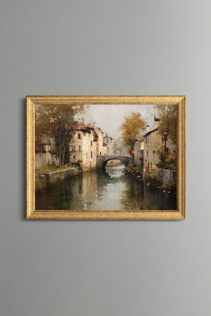 Bridge and Village Scenery - Vintage Patterned Frame - Slim Model