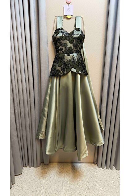 To Be Olive Green Evening Dress with a Tail- Trendyol To Be Olive Green Evening Dress with a Tail- Trendyol