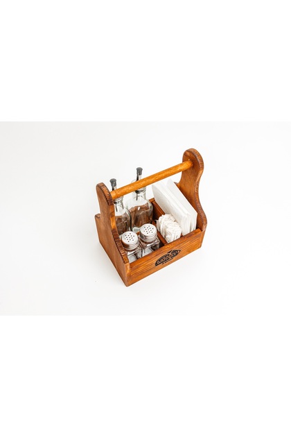 Organizator din lemn masiv pentru ulei și oțet – 4 compartimente – Suport pentru sare, piper, șervețele și scobitori – Gravură personalizată disponibilă