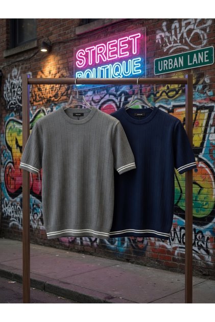 Advantageous 2-Pack Set Crew Neck Line Patterned Textured Summer Knitwear T-Shirt Comfortable 100% Cotton Basic T-Shirt