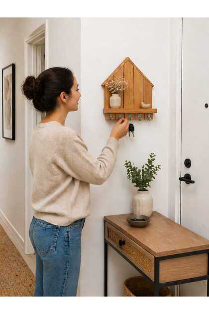 Doğal Ahşap Ev Tasarımlı Duvar Rafı - 5 Kancalı Anahtarlık & Askılık 18x26