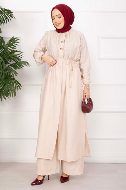 Lace-Up High Collar Long Tunic Set Beige