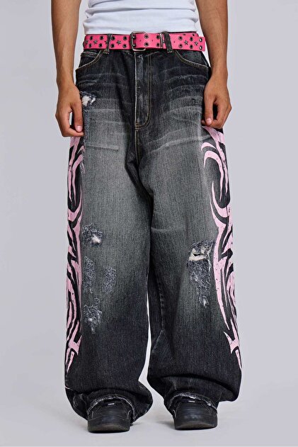 Köstebek Siyah Taşlamalı Grunge Pembe Tribal Baskılı Harajuku Y2K