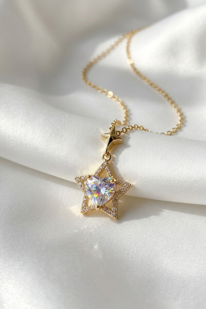 Zircon Stone Star Stargirl Heart Detailed Steel Necklace Gold Color