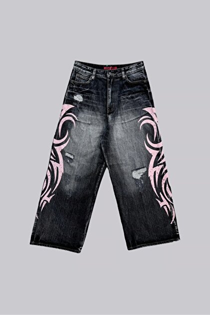 Köstebek Siyah Taşlamalı Grunge Pembe Tribal Baskılı Harajuku Y2K