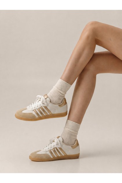 Kadın Sneaker Spor Ayakkabı Bej Çizgili Desenli Bağcıklı Günlük Rahat Casual Retro Ayakkabı