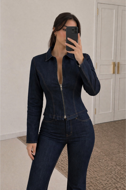 Lacivert Fermuarlı Ceket Pantolon Denim Takım