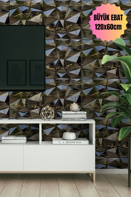 3D Kabartmalı Yeni Nesil Pvc Duvar Paneli Elmas Model Siyah Mermer Desenli Altın Yaldızlı 120x60CM