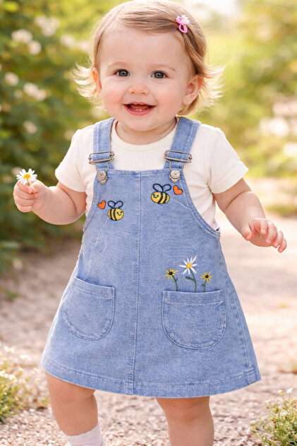 EYMRGYM Girl's Baby Pocketed Floral Bee Embroidered Denim Salopet Dress  + Bodysuit- Trendyol