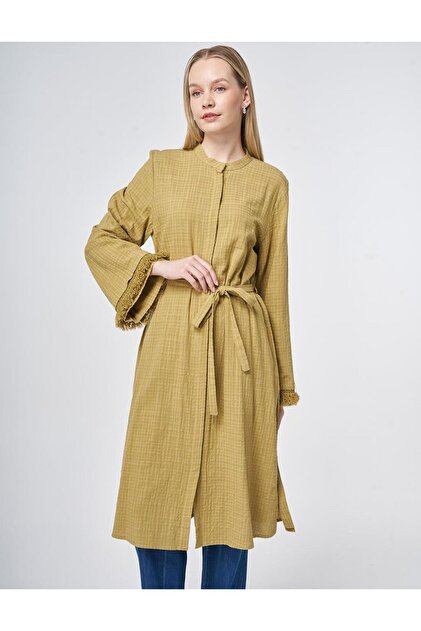 Lace-Up Collar Gofreli Tunic in Fat Green