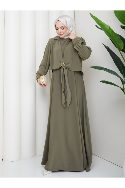 Cupra Fabric Dress with Buckle Detail, Double Tunic Dress, 2 Pieces