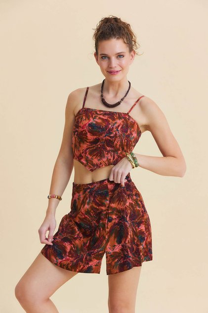 Double-Breasted Floral Short Skirt with Side Zipper