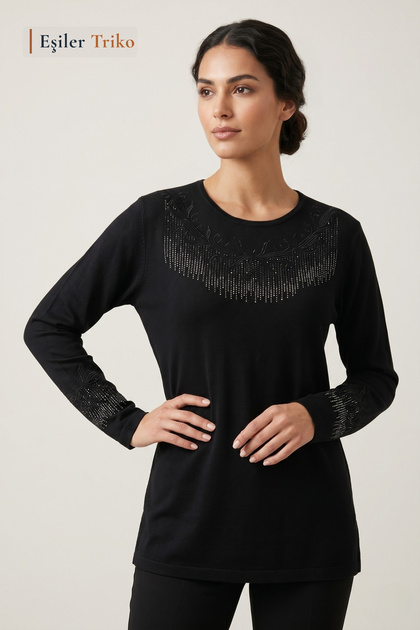 Women's Black Yakamoz Patterned Collar and Sleeves Embroidered, Stoned Mother Combed Cotton Blouse