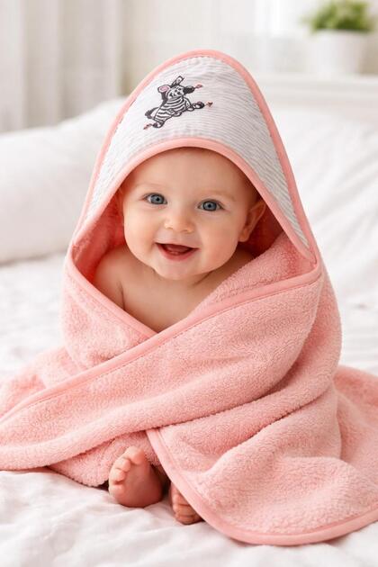 100% Cotton Soft Baby Girl-Boy Bath Towel Swaddle 75X75Cm Pink Zebra Embroidery