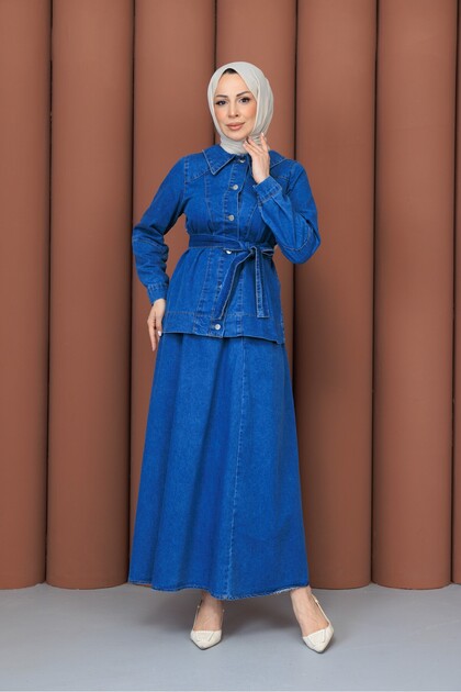 Women's Denim Buttoned Jacket with Skirt and Pockets Youthful Sports Suit
