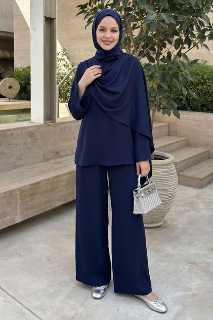 Cobalt Blue Satin Suit with Shawl Detail on the Shoulder