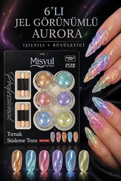 Jel Görünümlü Aurora Toz Seti Islak Görünümlü Sedefli Nail Art Tırnak Süsleme Tozu 6'lı