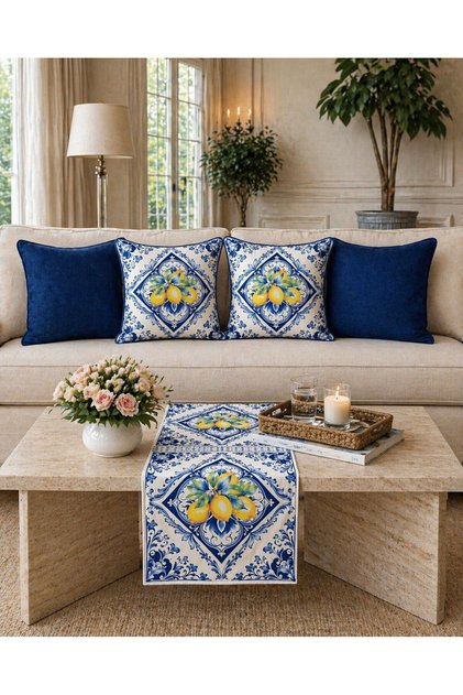 Amalfi Lemon Patterned 5-Piece Combination Throw Pillow Cover and Runner (Piping)
