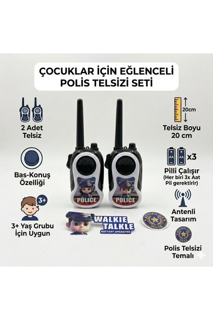 Çocuklar için Pilli Polis Telsizi Walkie Talkie 2'li Set
