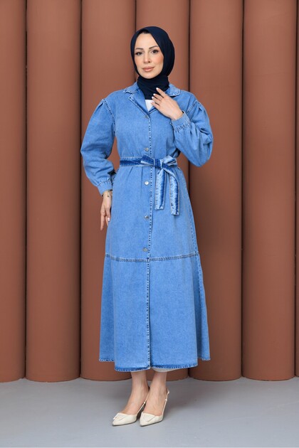 KMKkombin Women's Double Collar Buttoned Slit Denim Dress-Cap