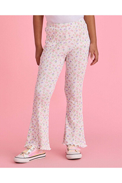 Girls White Floral Printed Flared Fit Leggings