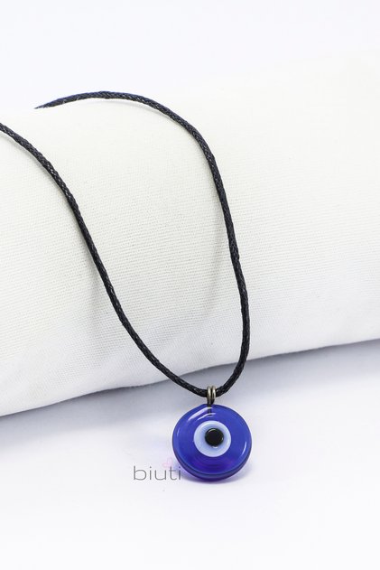Deri İp Lacivert El Yapımı Cam 1,5cm Nazar Boncuğu Kolye
