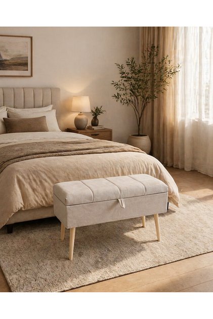 Sandıklı Puf, Bench Krem Kumaş, Ahşap Ayaklı, Depolama Alanlı Şık Oturma Bankı 80 cm