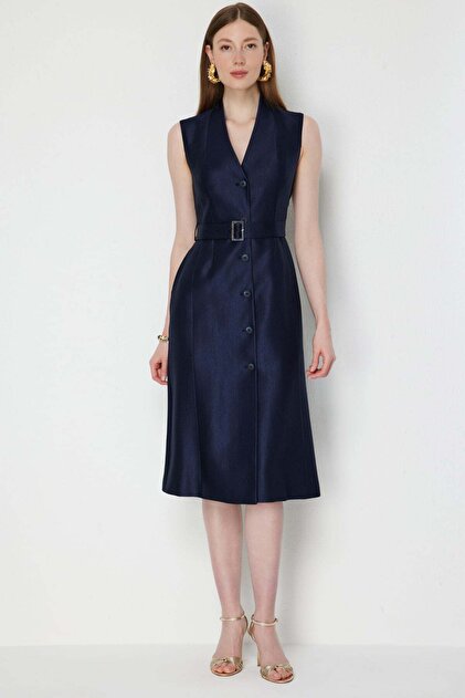 Ekol V-Neck Belted Midi Dress- Trendyol