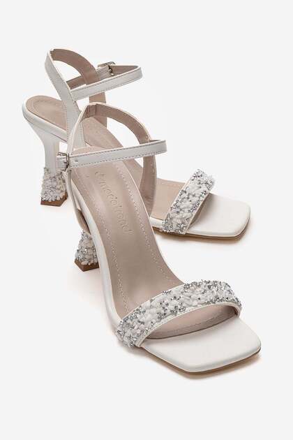 Women's Bow Tie and Stone Heeled Sandals White Skin