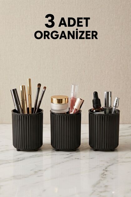 3 Adet Makyaj Fırçası Ve Tarak Düzenleyici | Çok Amaçlı Kozmetik | Banyo Düzenleme Kutusu | Organizer | 900 ML | Siyah