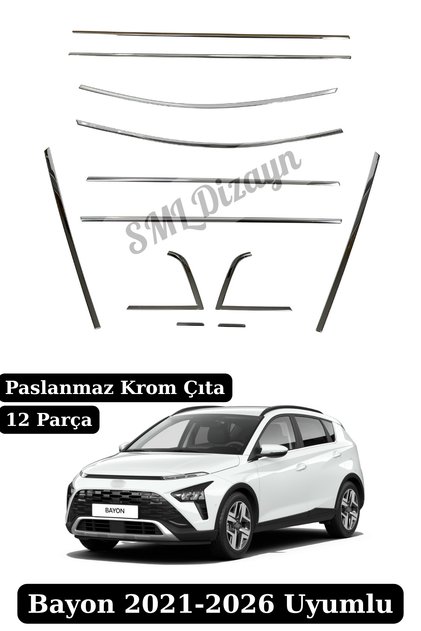 Hyundai Bayon (2021-2026) Uyumlu 12 Parça Paslanmaz Krom Cam Çıtası - Tam Tur Set
