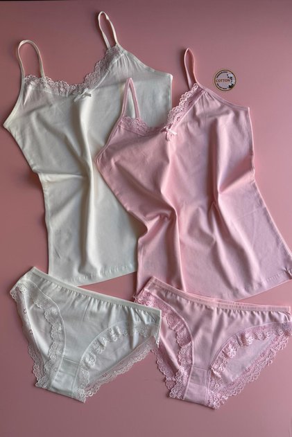 Lace | Ecru and Pink Color Cotton Tank Top and Panties Set with String Straps