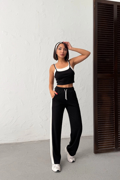 Women's Black Crop Athlete Top High Waist Elastic Waist Wide Leg Pants Bottom Top Summer Tracksuit Set