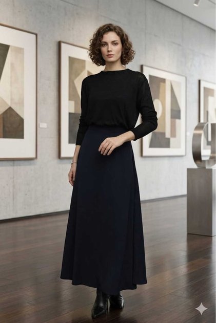 Women's Flared Black Color Zipper Detailed Summer Long Skirt 18264