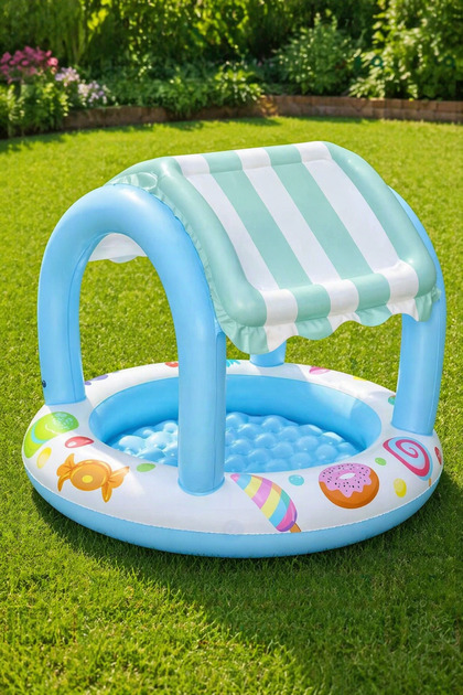 Piscină Gonflabilă Copii cu Acoperiș, 104 cm, 34L, Protecție UV, Bază Moale, Model Dulciuri, Vinil Rezistent