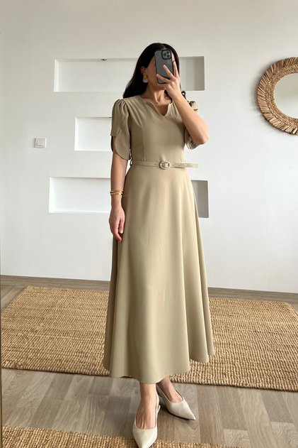 Green Belted Asymmetrical Sleeve Dress