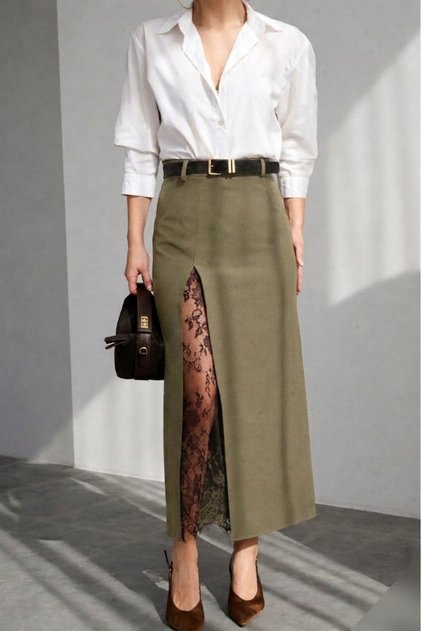 Women's Slit Lace Detailed Belted Maxi Skirt