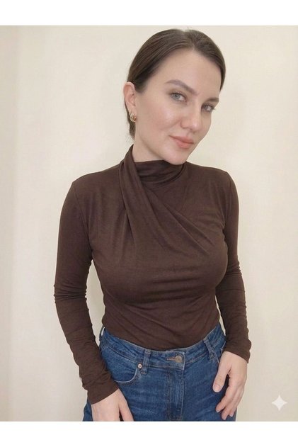 Premium Kalite Boyundan Drape Detaylı Full Likralı Kahverengi Bluz