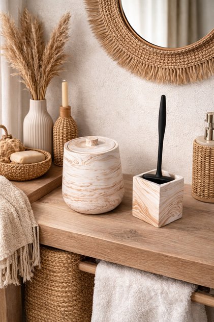 Decorative Marble Pattern Bathroom Set 4 Lt Trash Can and Silicone Toilet Brush Bathroom Organizer