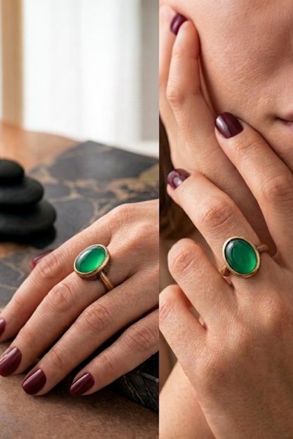 Handmade Bronze Ring with Natural Stone - Bohemian Design, Adjustable Size